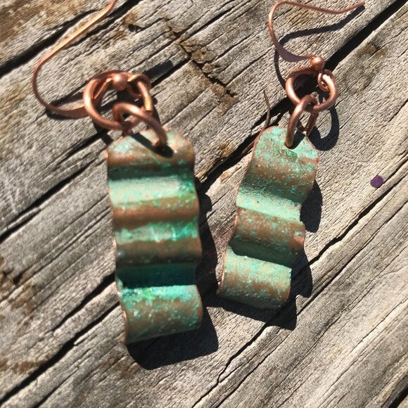 Solid Copper Patina Green Verdigris Earrings Drop Dangle Form Folded Brutalist - Picture 1 of 11